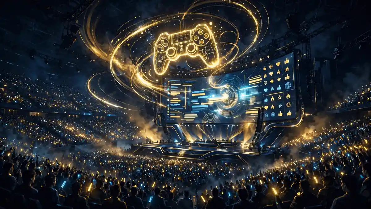 Illustration of a packed esports arena at night with a glowing game controller motif above the stage — evoking the record-breaking 2018 stream that made Ninja famous