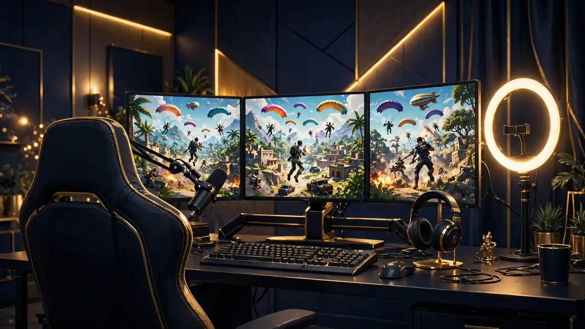 Illustration of a professional streamer's broadcast desk with triple monitors, microphone, and ring light in navy and gold — representing Ninja's multi-platform streaming empire