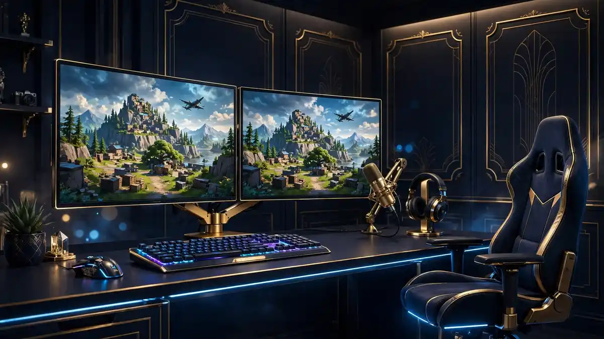 Illustrated premium gaming streaming setup with glowing monitors, microphone and RGB lighting — Ninja's streaming world