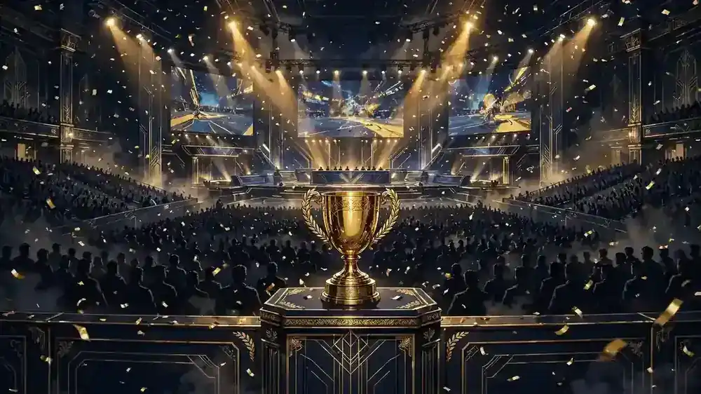 Illustrated packed esports arena at night with a golden trophy — the competitive gaming world where Ninja built his name