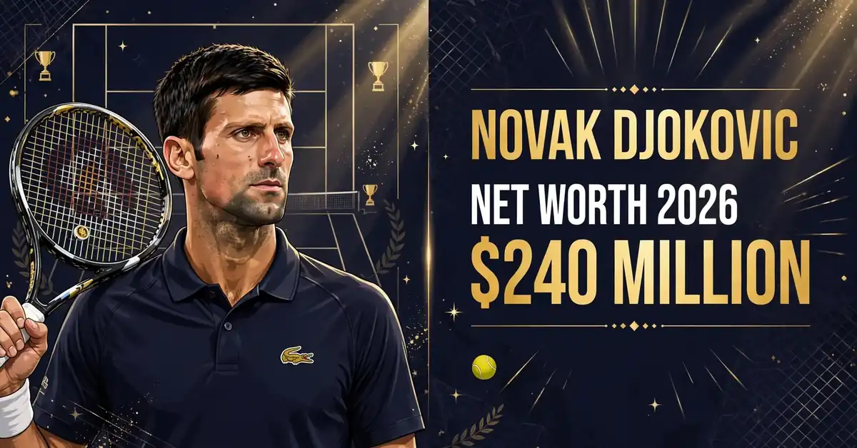 Novak Djokovic net worth 2026 — estimated $240 to $250 million fortune infographic
