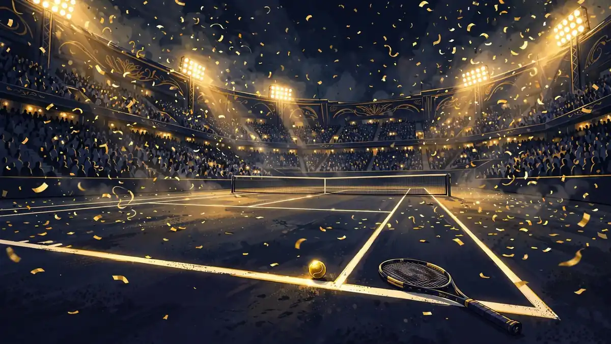 Illustrated night scene of a packed Grand Slam stadium, empty hard court under golden floodlights