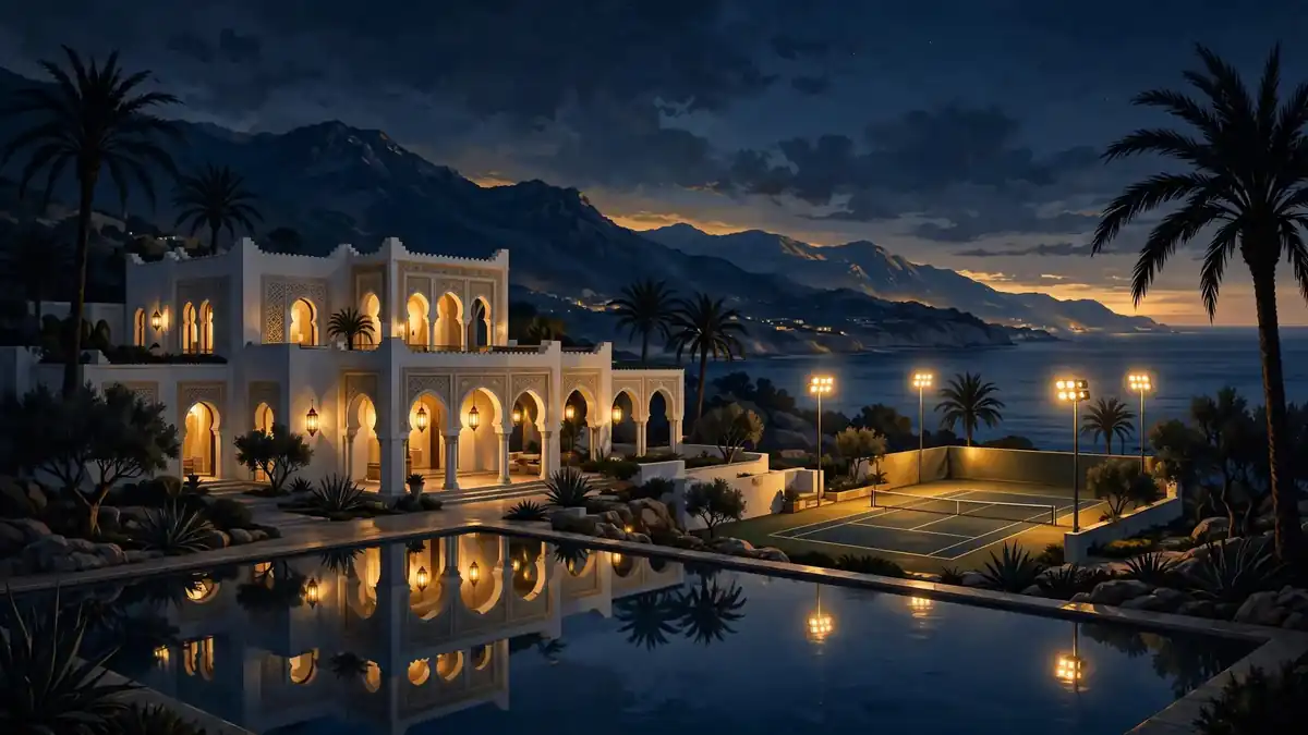 Illustrated Moroccan-style seaside villa at dusk with a lit private tennis court and pool