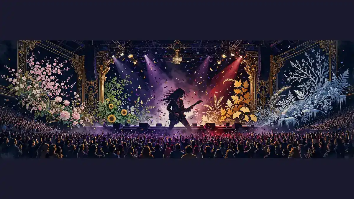 Illustrated arena concert stage with four-season scenery and guitarist performing before a packed crowd — evoking Olivia Rodrigo's Unraveled Tour