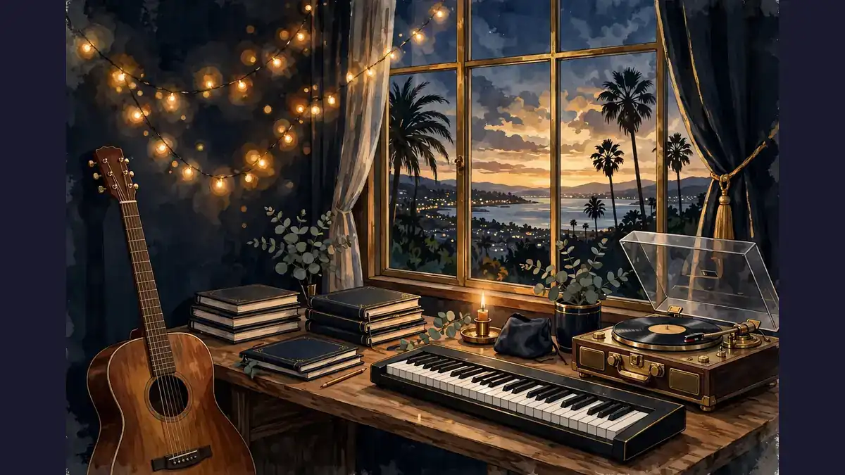 Illustrated cozy songwriting studio with acoustic guitar, lyric notebooks and piano — evoking Olivia Rodrigo's early songwriting years