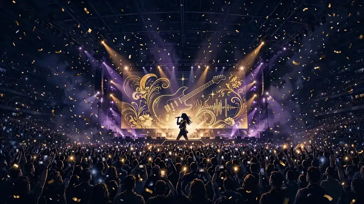 Illustrated packed arena concert with gold and purple stage lights, evoking Olivia Rodrigo's record-breaking GUTS World Tour