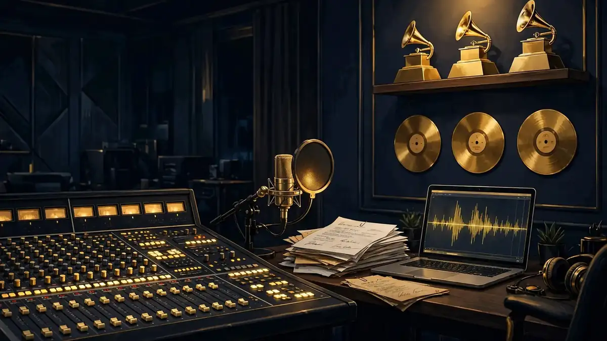 Illustrated recording studio with gold records and Grammy trophies, representing Olivia Rodrigo's master-owned music catalog