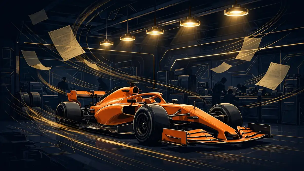 Illustrated McLaren papaya Formula 1 car in a dark team garage with golden contract documents swirling, representing Oscar Piastri's contract and salary