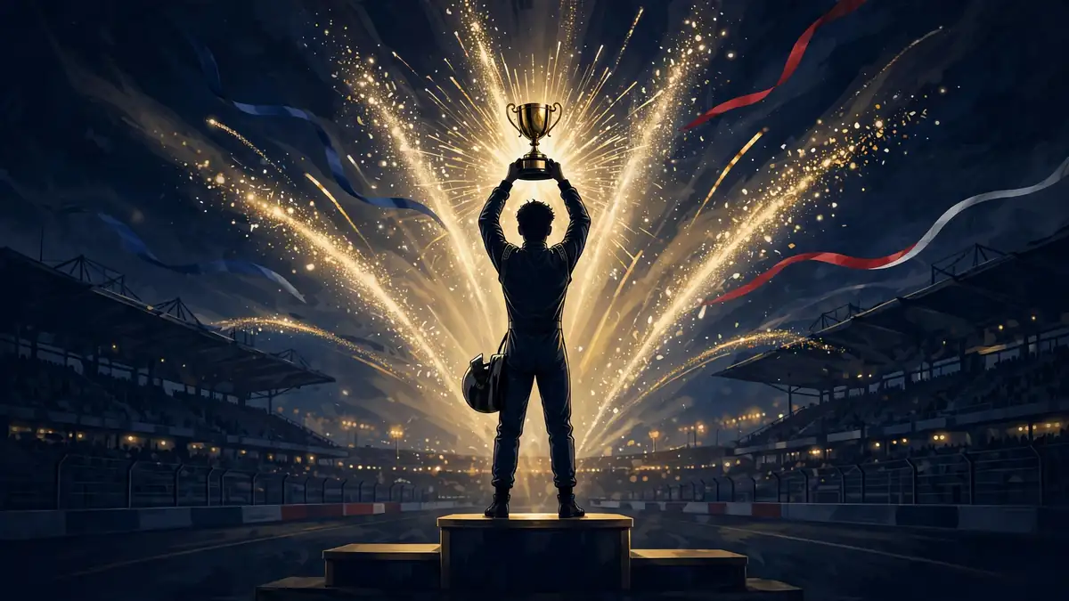 Illustrated driver silhouette on a podium holding a golden trophy aloft with light bursts and Australian ribbon accents, representing Oscar Piastri's race wins