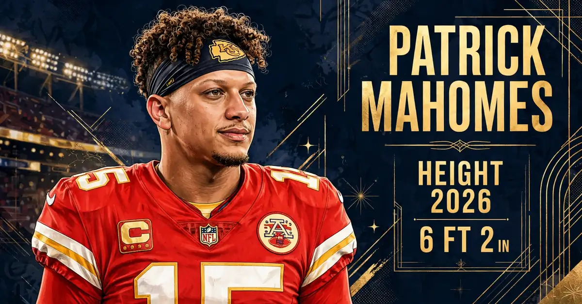 Patrick Mahomes height 2026 — stylized illustrated portrait of the Chiefs quarterback with PATRICK MAHOMES HEIGHT 2026 6 FT 2 IN text