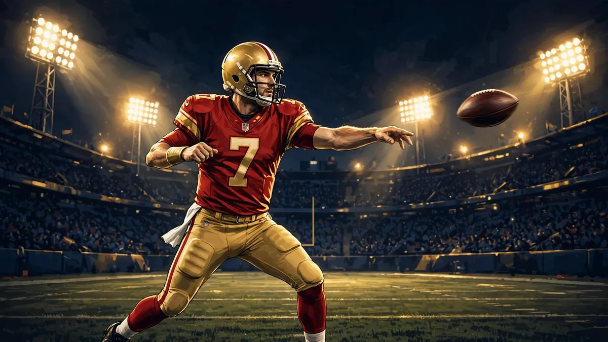 Illustrated NFL quarterback throwing a football under stadium lights at night