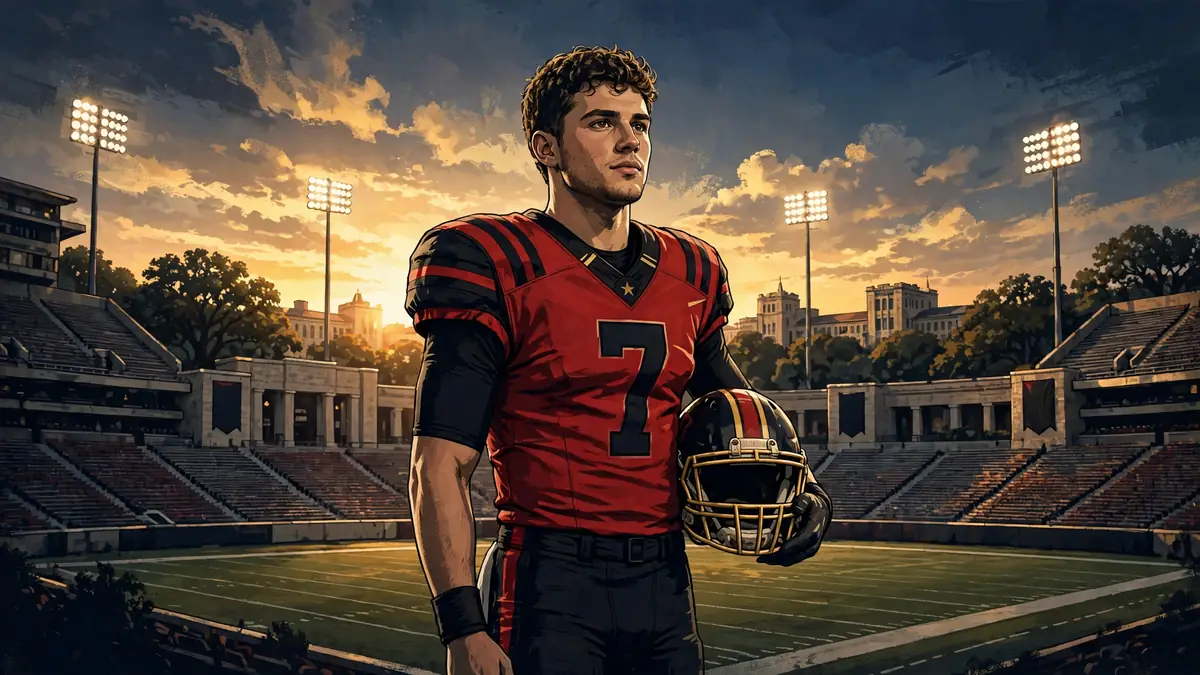 Illustrated young quarterback in a red and black college uniform holding a helmet in a stadium at golden hour