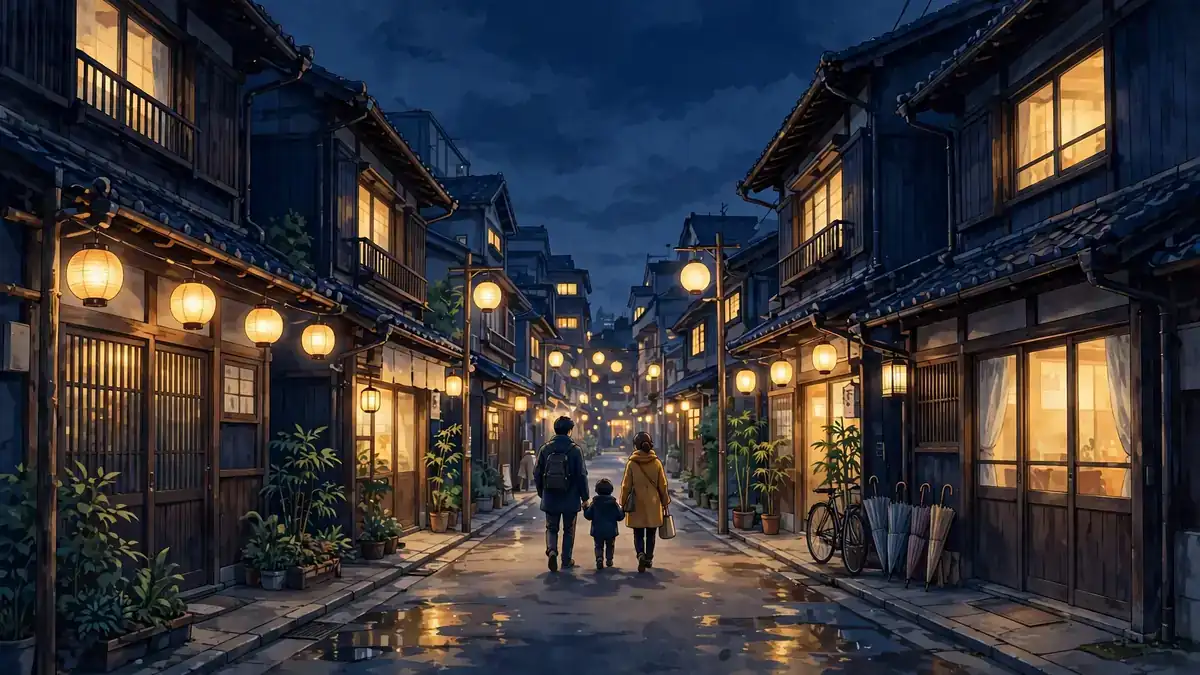 Illustrated Tokyo street at dusk with glowing lanterns and a small family walking away from the camera