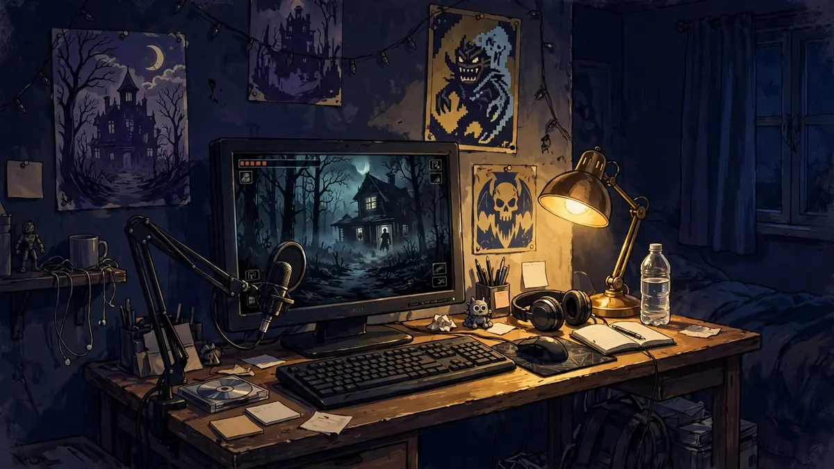 Illustrated early-2010s bedroom gaming setup with a monitor showing a horror game, a microphone, and warm lamp light in dark navy and gold tones