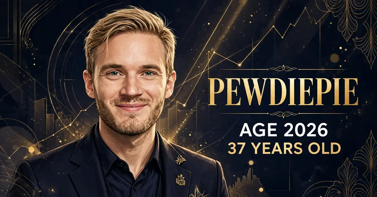 PewDiePie age 2026 — stylized illustrated portrait of the Swedish YouTuber, age 37, with PEWDIEPIE AGE 2026 37 YEARS OLD text