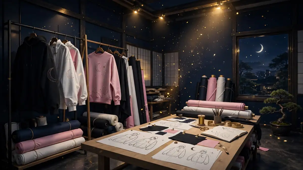 Illustrated Japanese streetwear atelier at night with moon-motif clothing, tied to PewDiePie and Marzia's Tsuki Market clothing brand