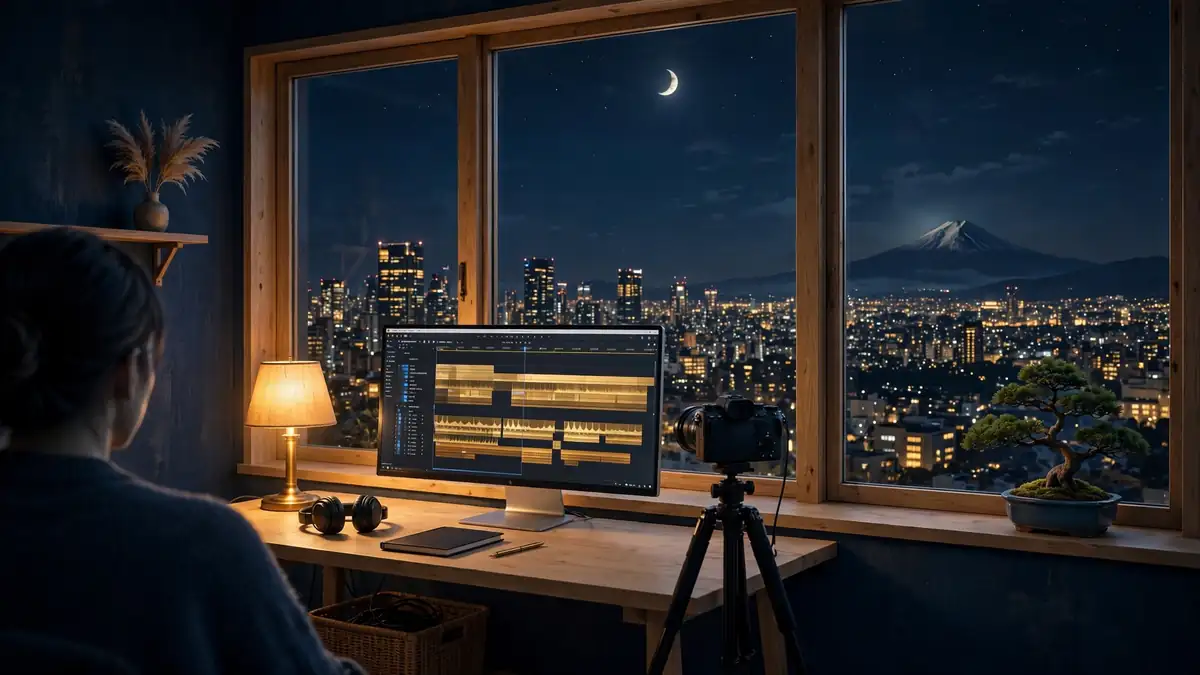 Illustrated cozy Tokyo home at night with editing desk and city skyline, tied to PewDiePie's Japan semi-retirement