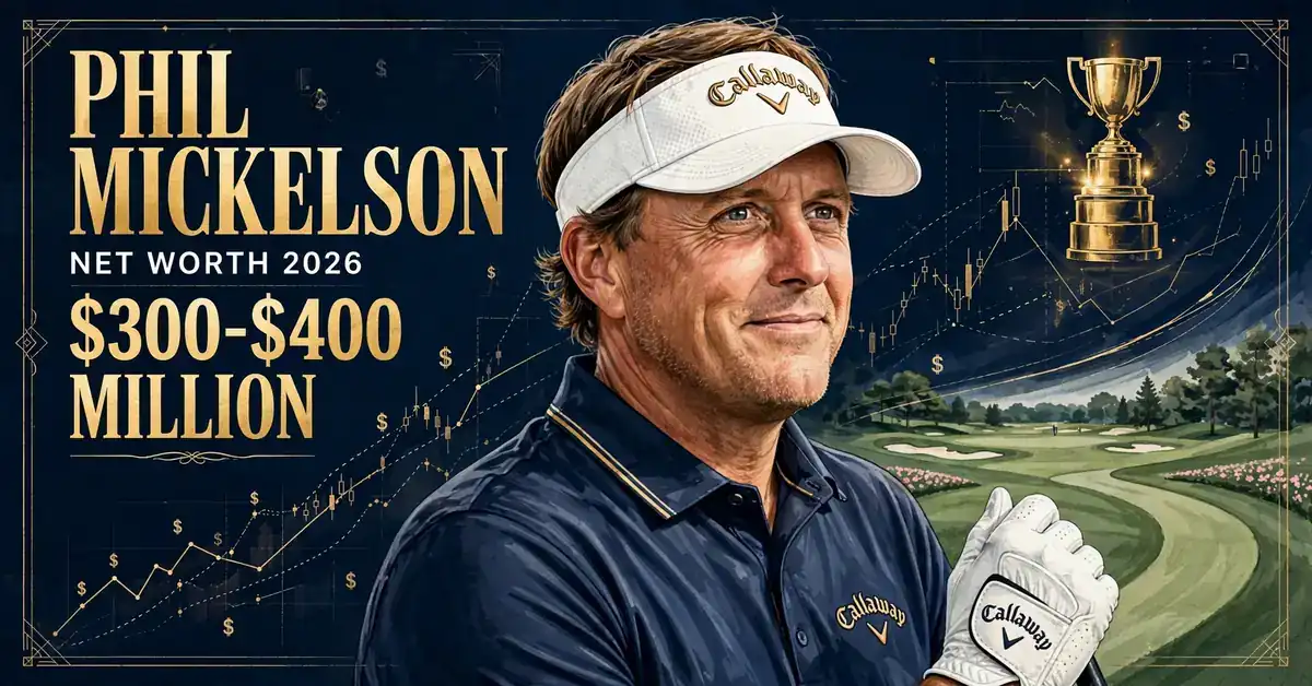 Phil Mickelson net worth 2026 — estimated $300 to $400 million fortune infographic