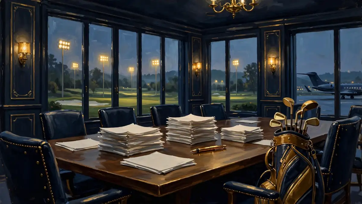 Illustration of a golf contract signing desk with golf clubs and a private jet, tied to Mickelson's LIV Golf deal