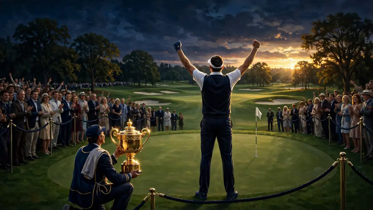 Illustration of a golfer in a white visor celebrating on the 18th green at sunset with a golden trophy