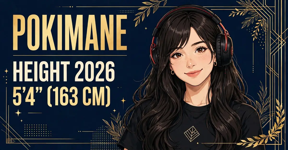 Pokimane height 2026 — stylized illustrated portrait of the long-dark-haired streamer wearing headphones with POKIMANE HEIGHT 2026 5'4