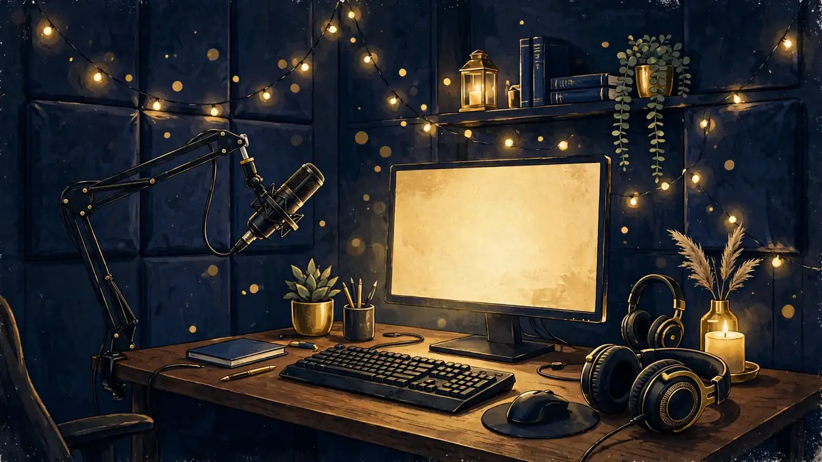 Illustrated livestreaming studio with a professional microphone, gaming headset, and warm gold lighting