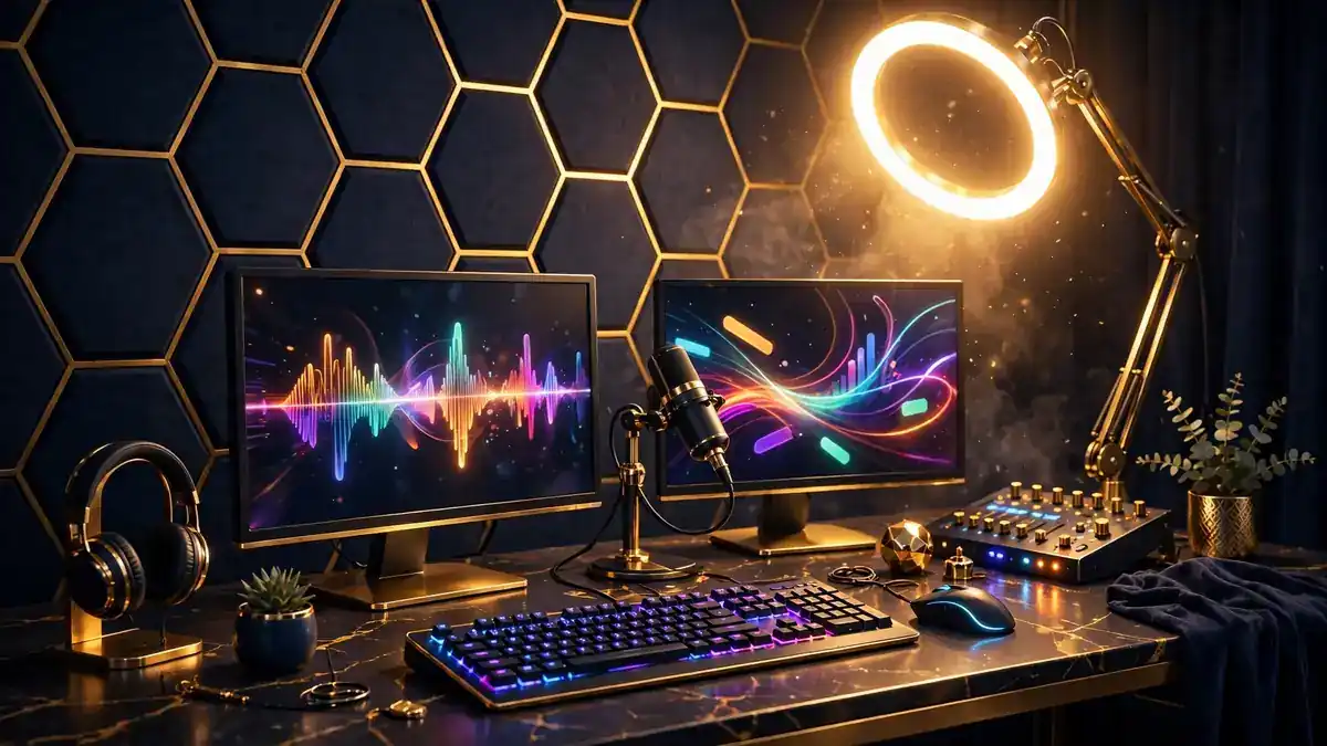 Illustrated premium live-streaming studio desk with glowing monitors, microphone and ring light, representing Pokimane's Twitch career