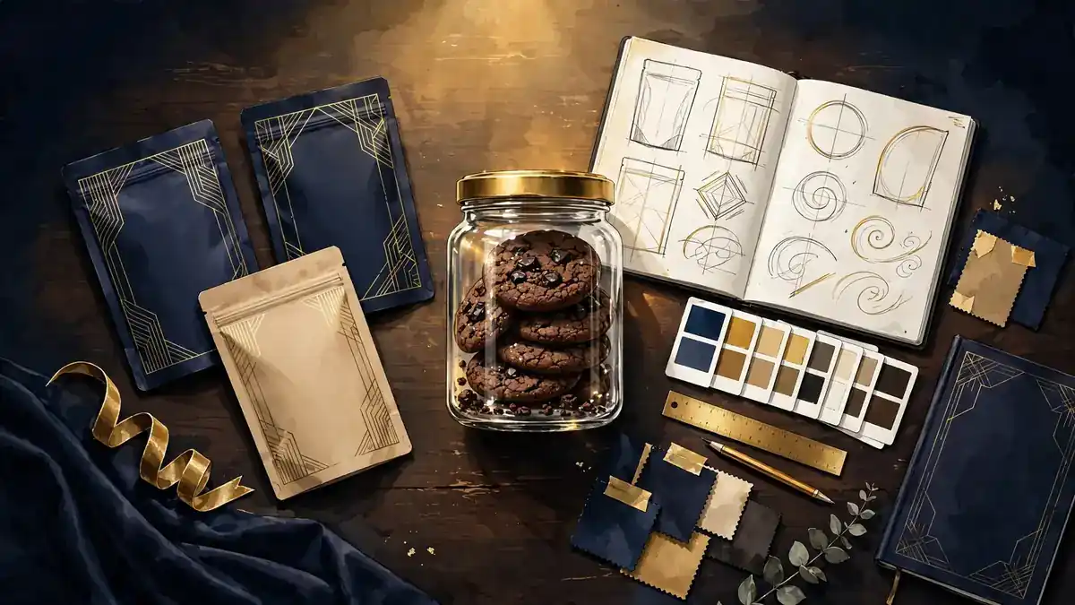 Illustrated snack brand product design desk with cookie packaging mockups and a jar of chocolate cookies, representing Pokimane's Myna Snacks venture