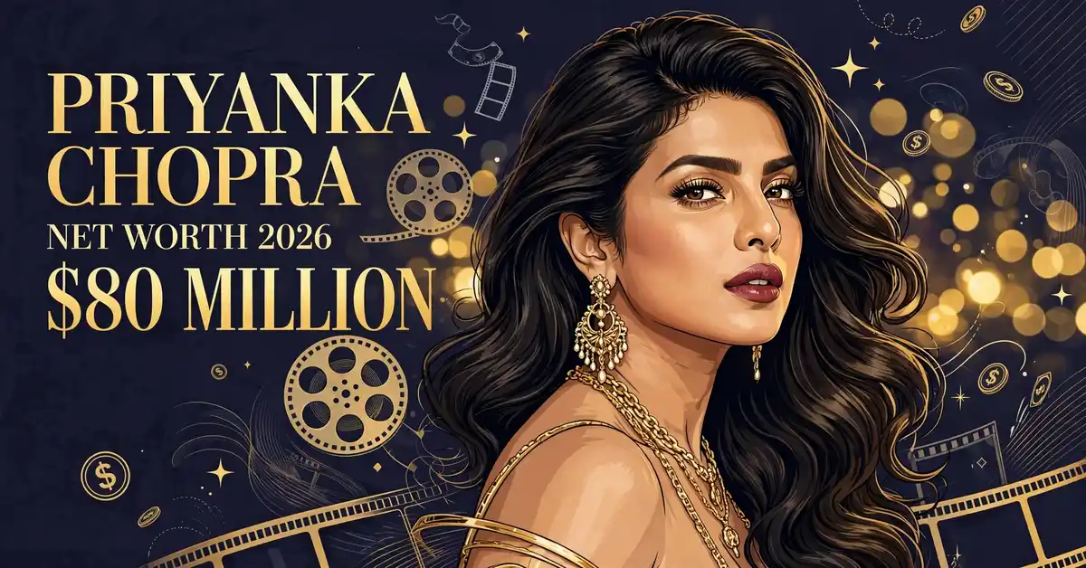 Priyanka Chopra net worth 2026 — estimated $70 to $80 million fortune infographic