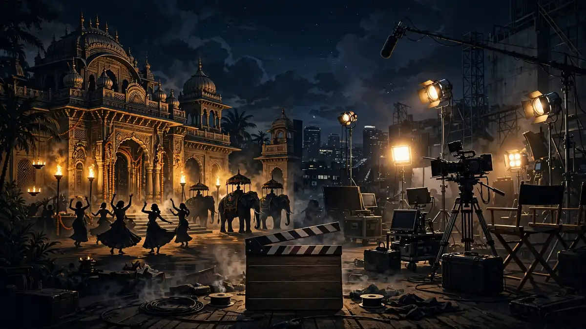 Illustrated epic film set blending Bollywood and Hollywood production design