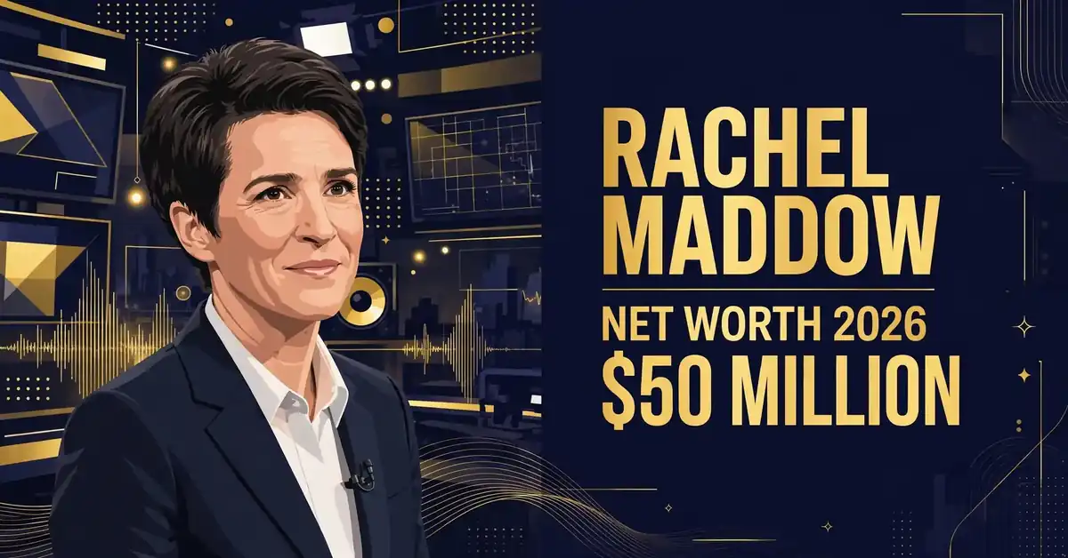 Rachel Maddow net worth 2026 — estimated $40 to $50 million fortune infographic