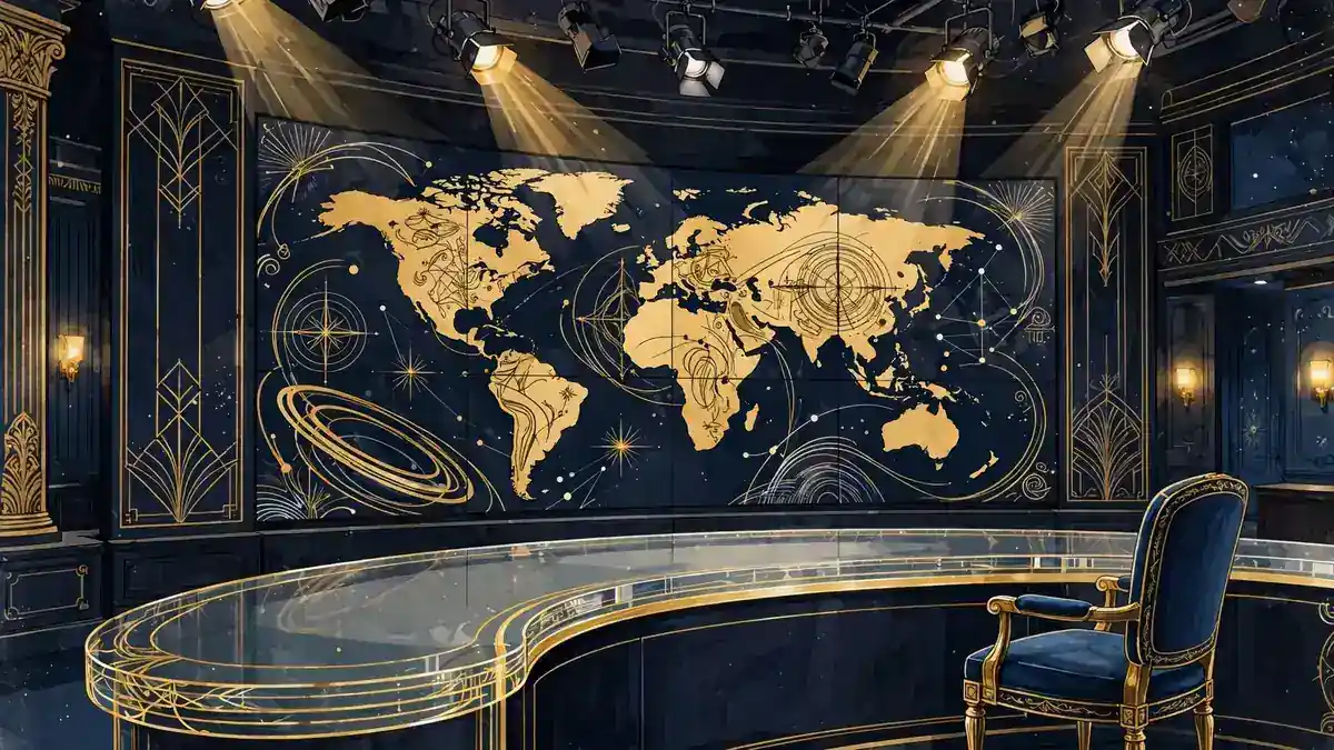 Illustrated night-time view of a cable news anchor desk with a glowing golden video wall, tied to Rachel Maddow's MS NOW contract