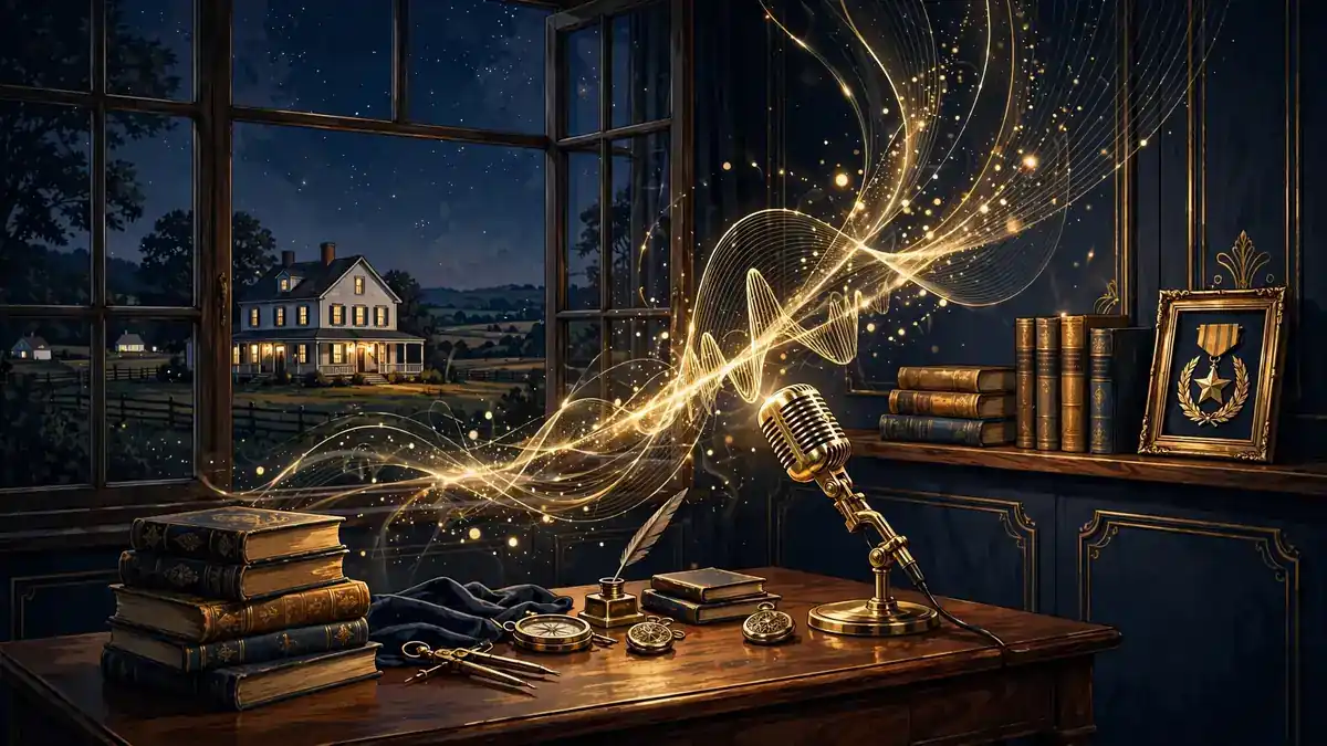 Illustrated vintage broadcast studio at night with books, a medal, and a lit Massachusetts farmhouse in the window, tied to Rachel Maddow's podcasts and books