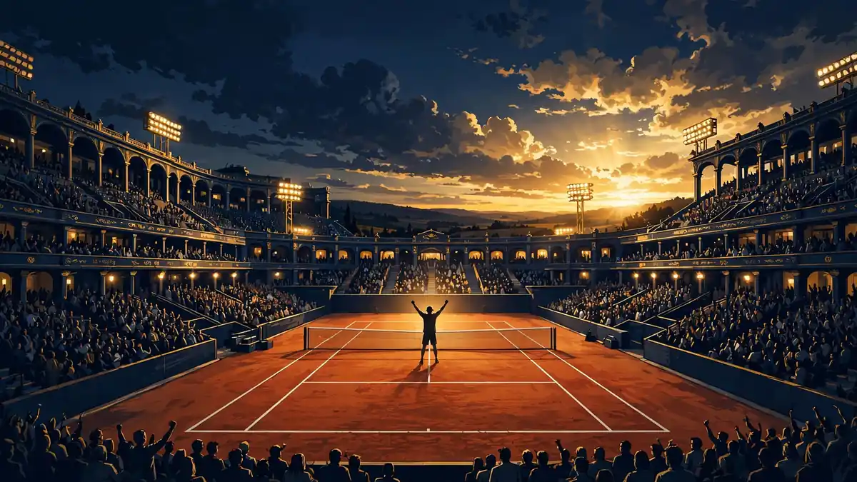 Illustrated clay-court tennis stadium at golden hour with a player raising his arms to a packed crowd, for the King of Clay section