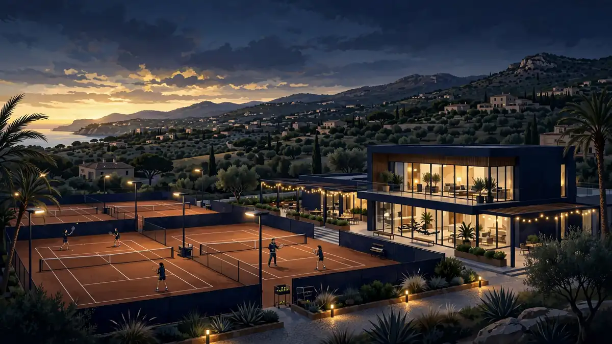 Illustrated Mallorca tennis academy complex at dusk with clay courts, players training, and a glowing modern sports pavilion