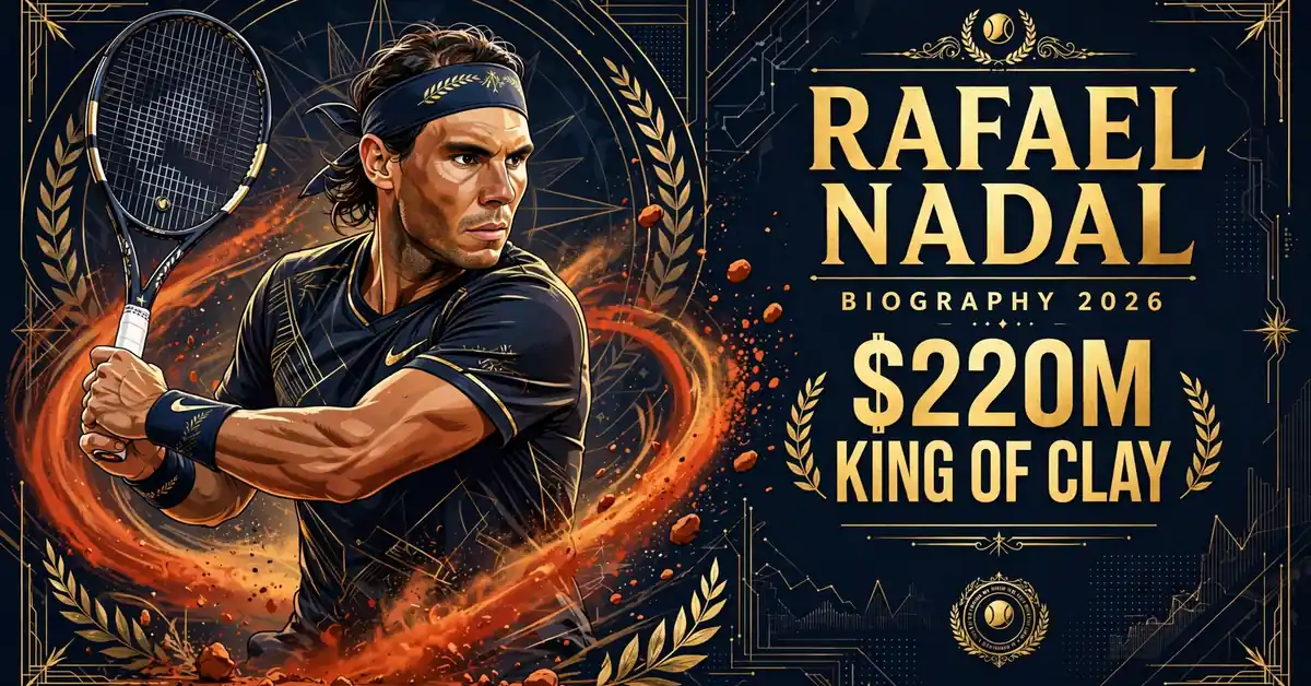 Rafael Nadal biography 2026 — illustrated portrait with $220M fortune graphic