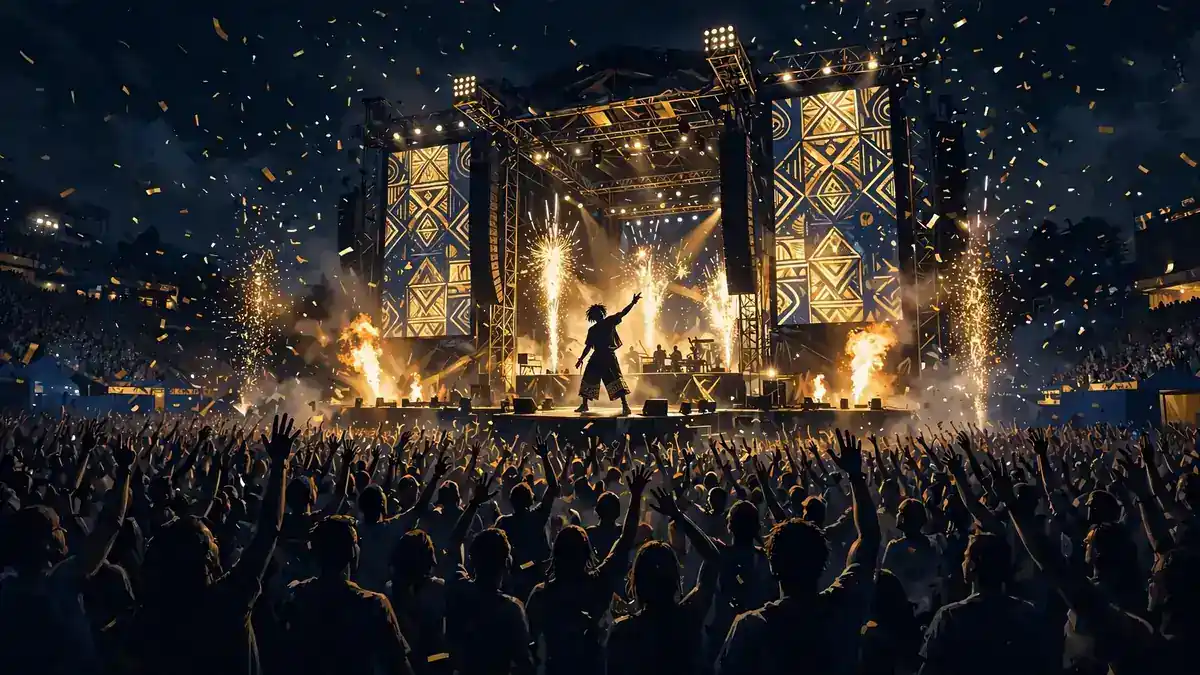 Packed night-time festival stage with pyrotechnics and a huge crowd, illustrating Rema's arena and festival touring