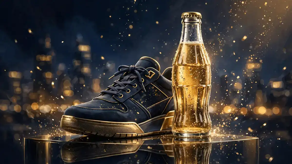 Luxury sneaker and beverage product display in gold light, illustrating Rema's endorsement portfolio
