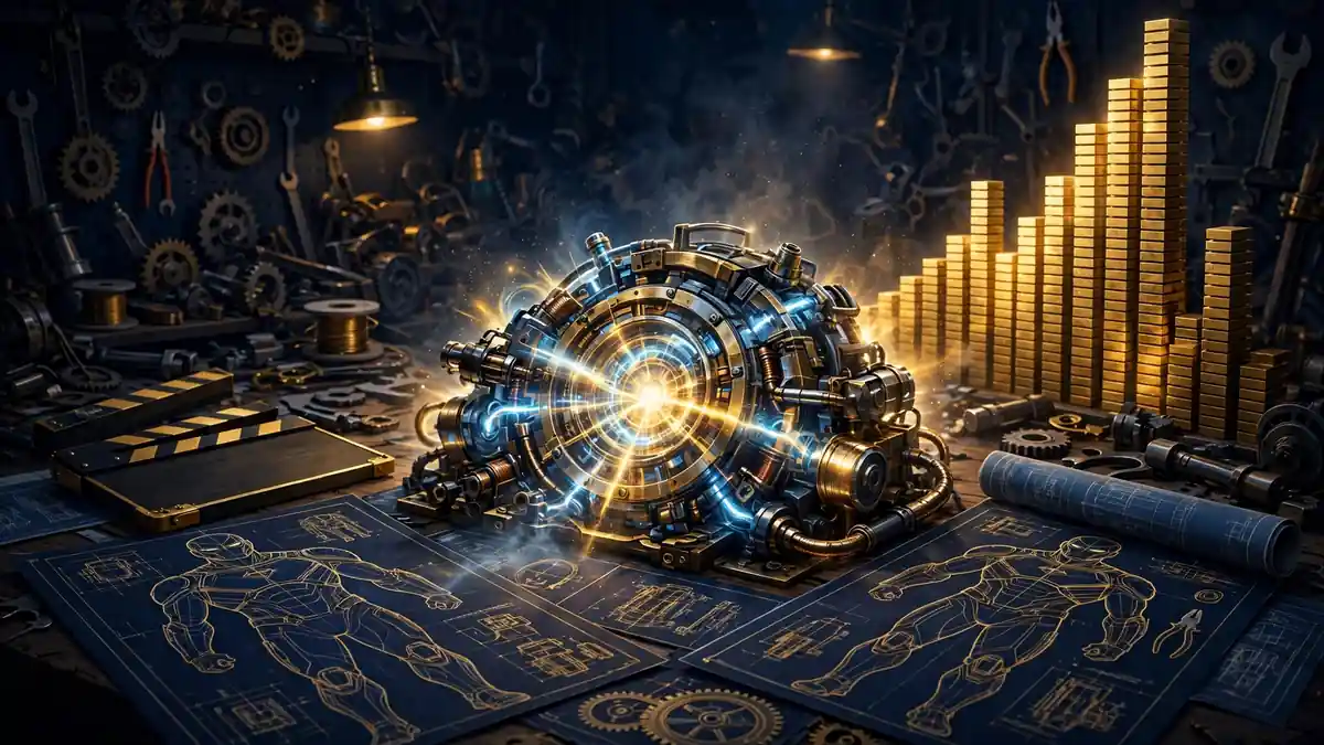 Illustrated arc-reactor workshop scene with glowing mechanical core and golden box-office charts, evoking Downey's Marvel backend earnings
