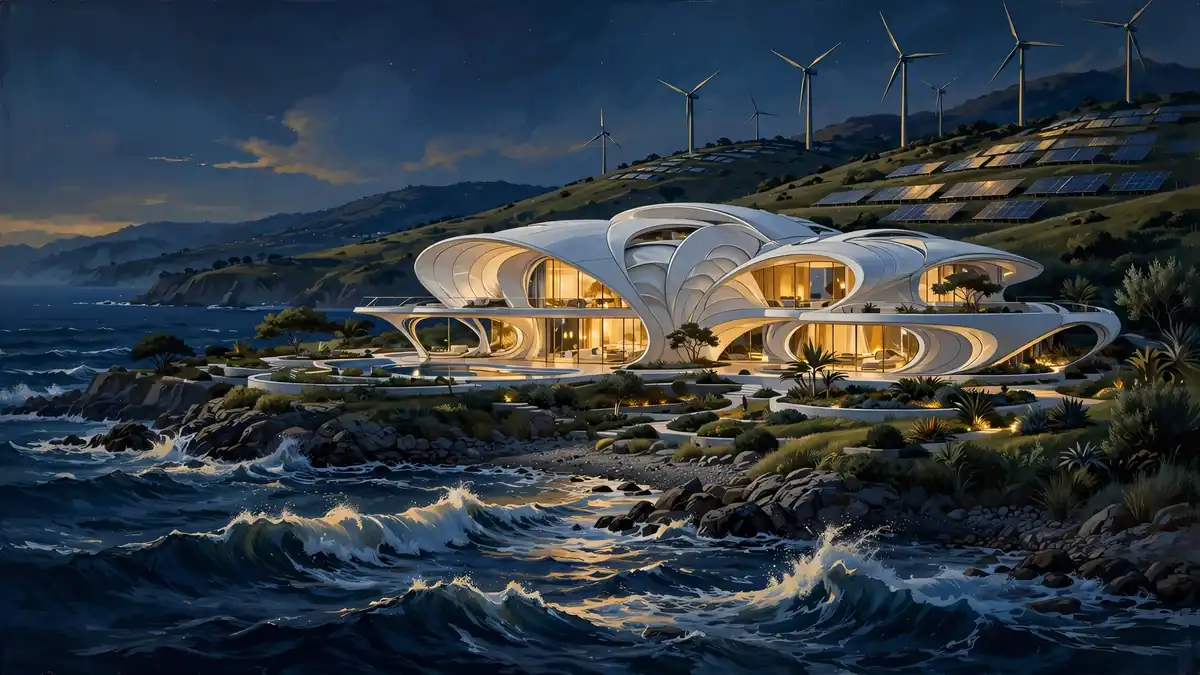 Illustrated futuristic eco-luxury coastal mansion at dusk with curved shell architecture, wind turbines and solar panels, evoking Downey's Malibu Binishell estate