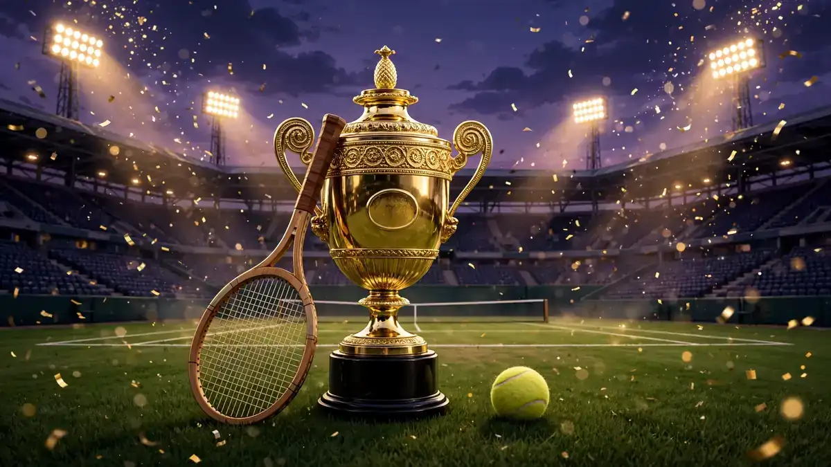 Illustrated golden Wimbledon-style trophy on a grass court at dusk, evoking Federer's dominance era