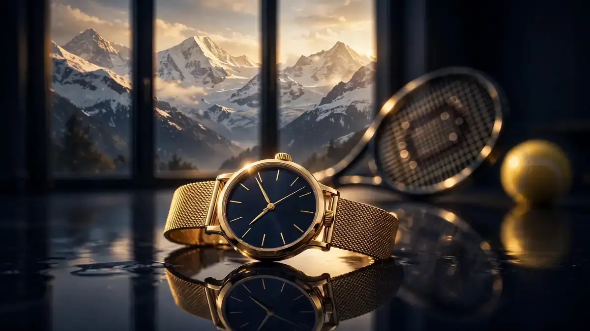 Elegant gold wristwatch beside a tennis racket with Swiss Alps behind, evoking Federer's luxury endorsement empire