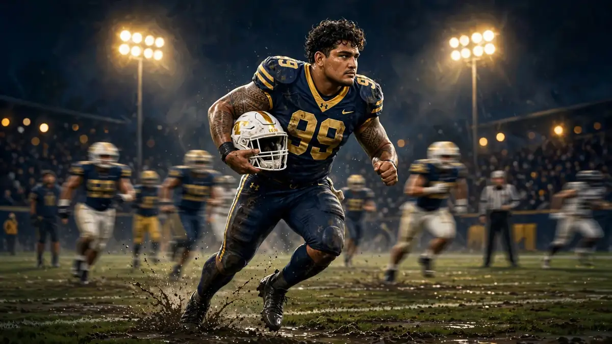 Illustrated scene of Roman Reigns' college football era at Georgia Tech — defensive tackle in a number 99 jersey under night stadium lights