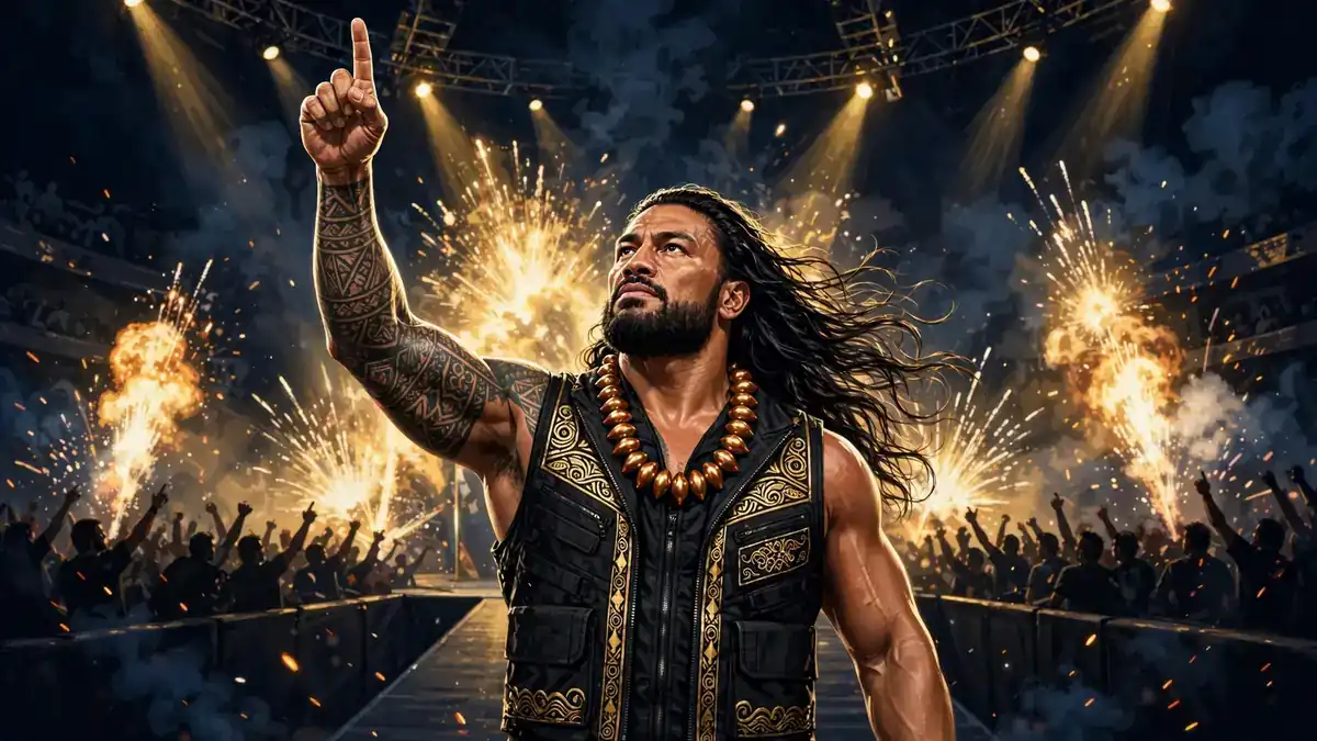 Illustrated Tribal Chief ring entrance — Roman Reigns raising one finger amid pyrotechnics in a packed arena