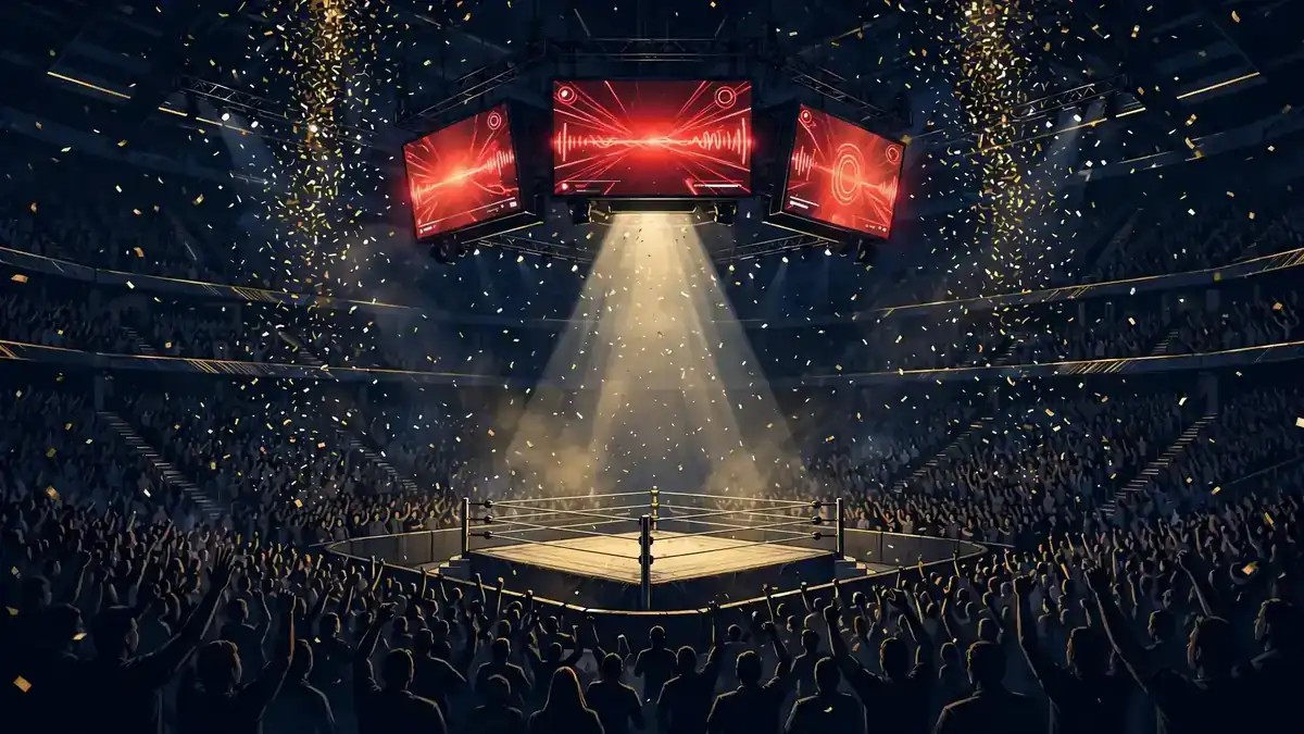 Wrestling arena at night with championship spotlight, illustrating Roman Reigns' premium live event earnings
