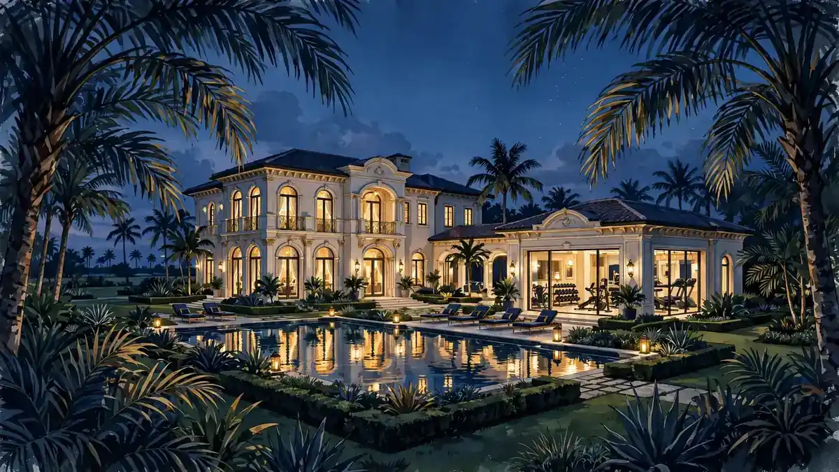 Luxury Florida mansion at dusk with pool, illustrating Roman Reigns' Tampa home