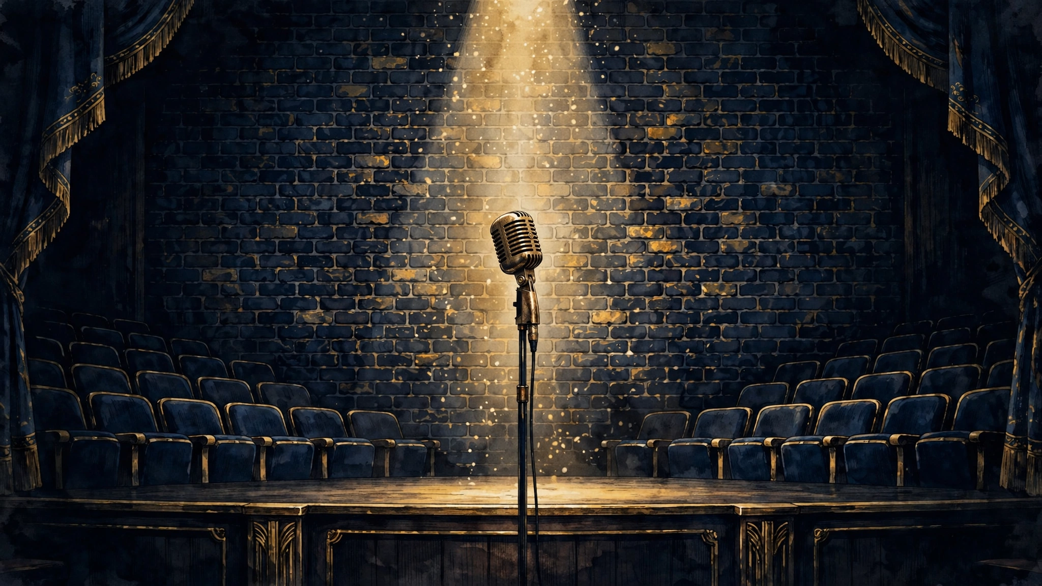 Illustrated comedy club stage scene in navy and gold — a lone microphone under a spotlight on a brick-wall stage, evoking Ron White's stand-up touring career