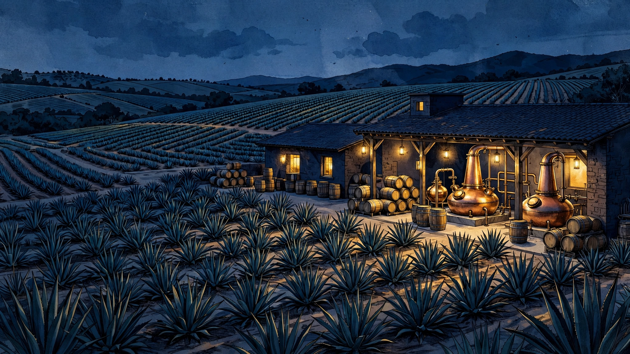 Illustrated premium tequila distillery scene in navy and gold — copper stills and agave fields at dusk, evoking Ron White's Number Juan Tequila brand
