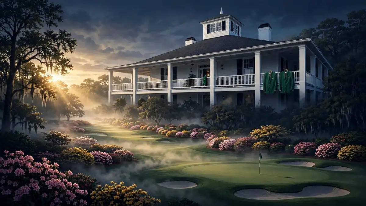 Augusta National clubhouse at dawn with green jackets, illustrating Rory McIlroy's back-to-back 2025 and 2026 Masters titles