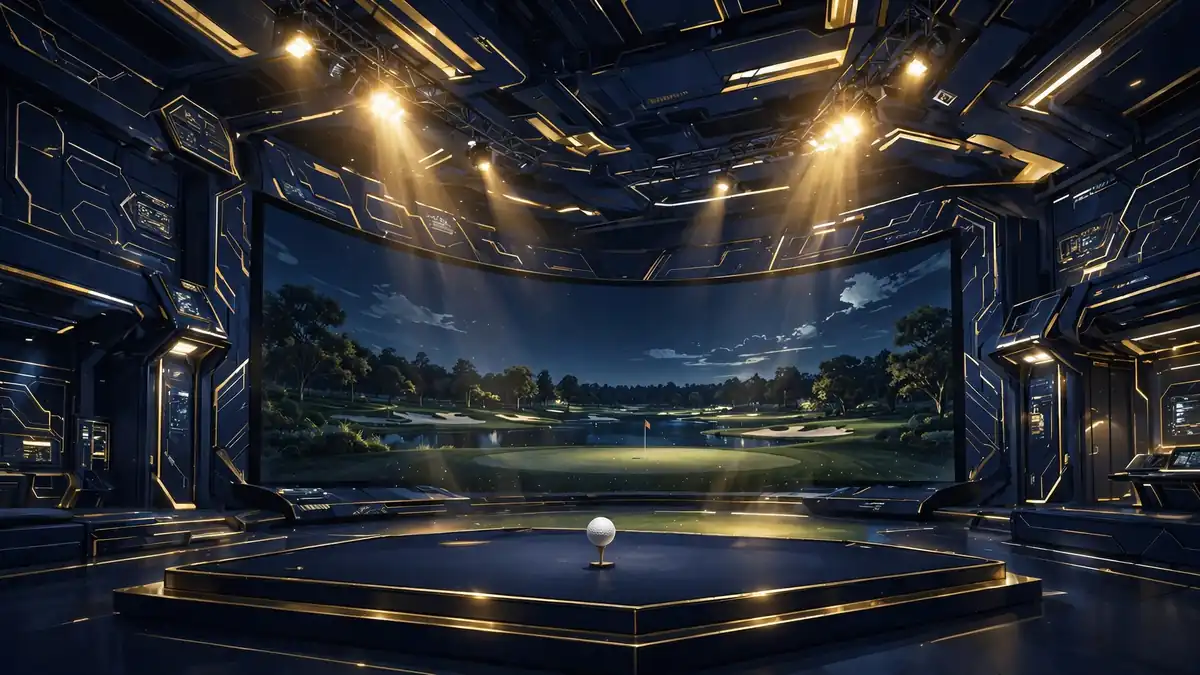 Futuristic indoor golf arena with a simulator screen at night, illustrating Rory McIlroy's TMRW Sports and TGL business venture